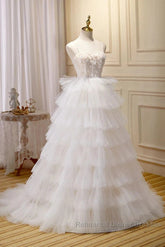3D Flowers Spaghetti Straps Beading Ivory Tulle Wedding Dress